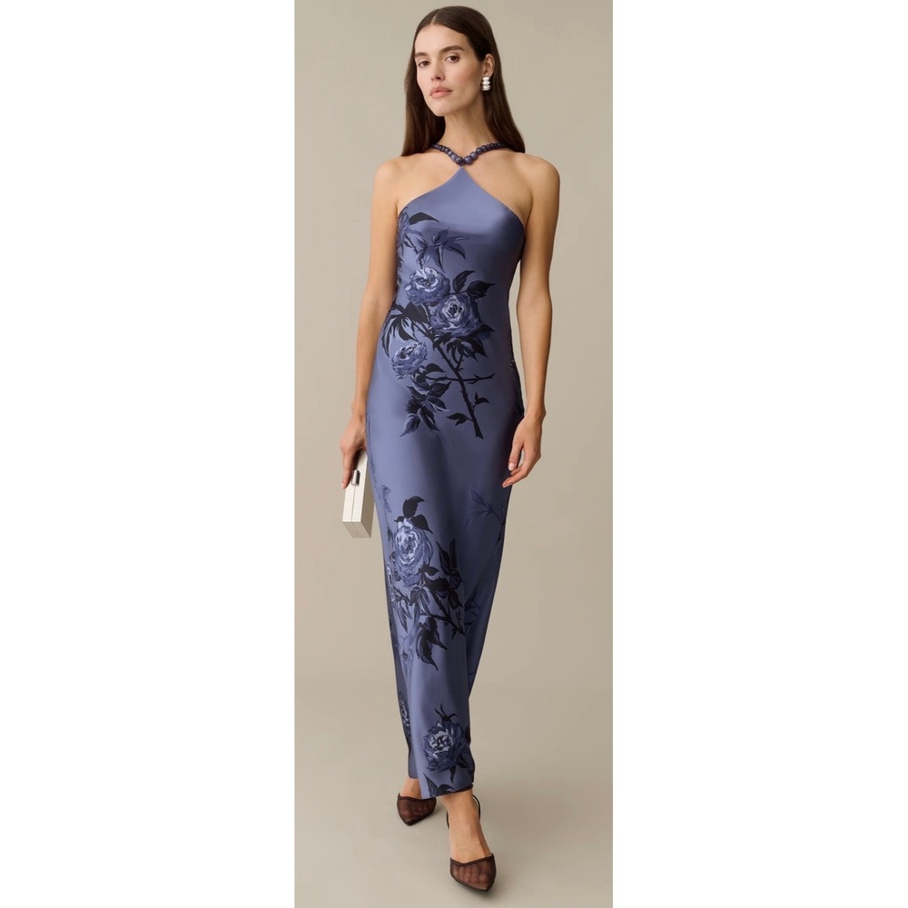 Few Moda o.p.t Blue Floral Silk Cowl Neck Maxi Dress Beaded Halter Strap NWT